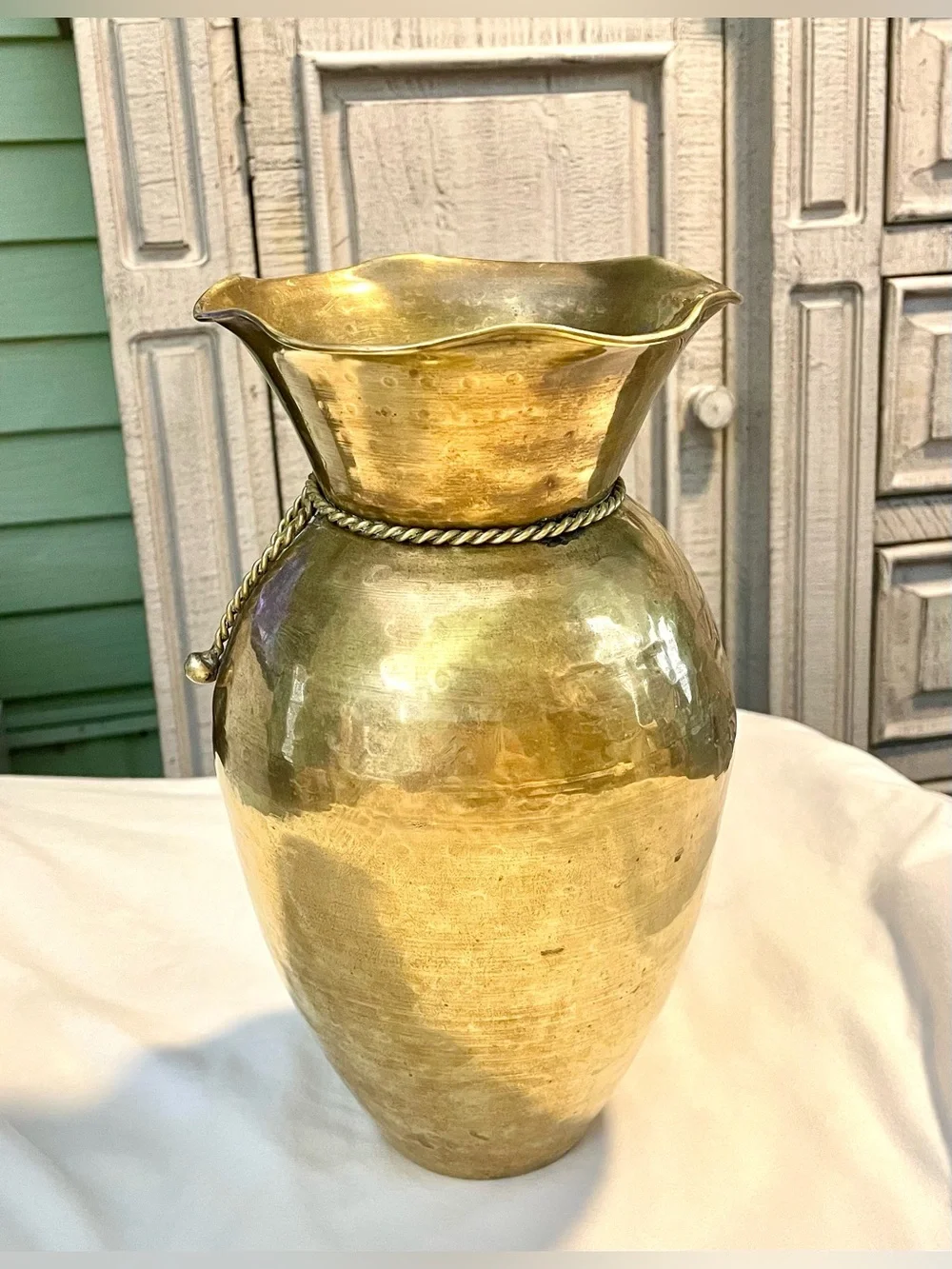 VTG Hammered Brass Vase w/Ruffled Collar & Metal Braided Cording - Made In India